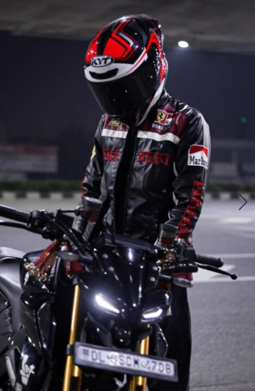 Black Ferrari F1 Leather Racing Jacket – Classic Motorsport Edition