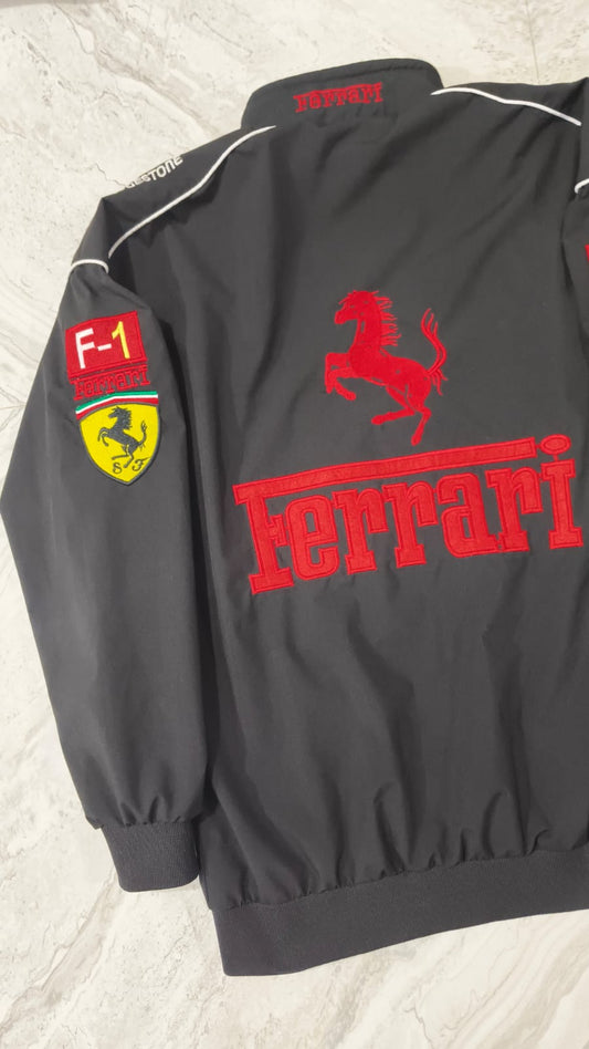 Black Ferrari F1 Vintage Racing Jacket – Lightweight Parachute Fabric Motorsports Jacket for Men & Women