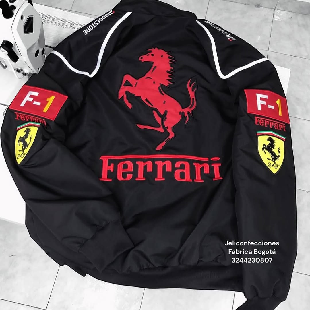 Black Ferrari F1 Vintage Racing Jacket – Lightweight Parachute Fabric Motorsports Jacket for Men & Women