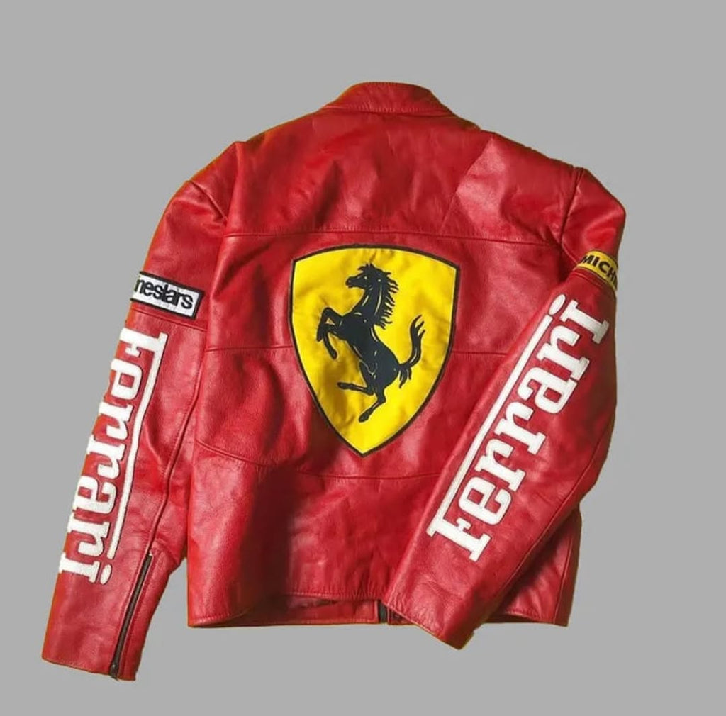 Red Leather Embroidered Ferrari Jacket | Premium F1 Racing Leather Jacket