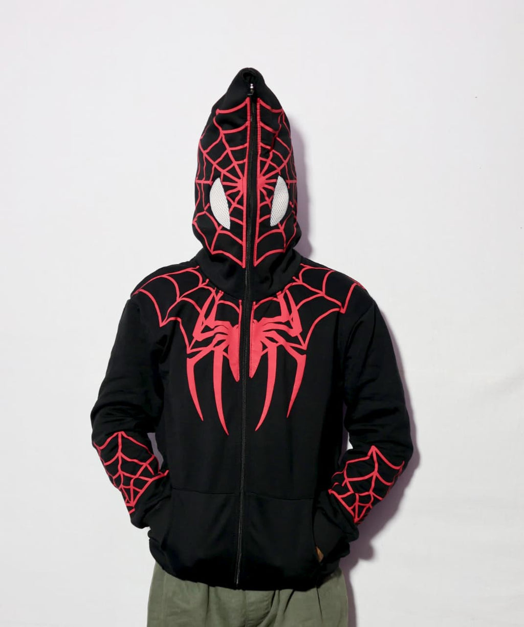 Black hoodie with red spider web design on a white background