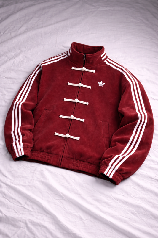 Red Adidas jacket with white stripes on a white background