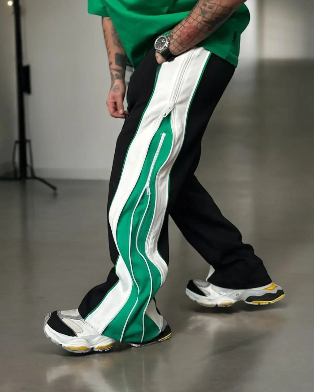 Double Zip Green Baggy Pants – Men’s Streetwear Joggers, Casual Loose-Fit Trousers