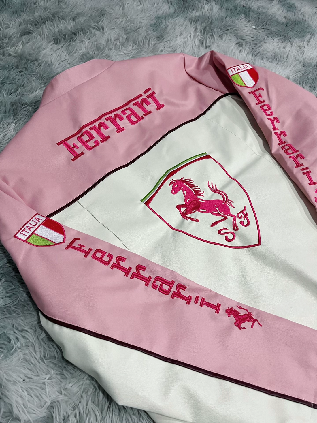 Pink Ferrari F1 Leather Racing Jacket | Premium Motorsport Leather Jacket for Women