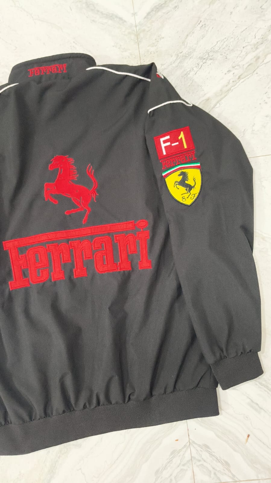 Black Ferrari F1 Vintage Racing Jacket – Lightweight Parachute Fabric Motorsports Jacket for Men & Women