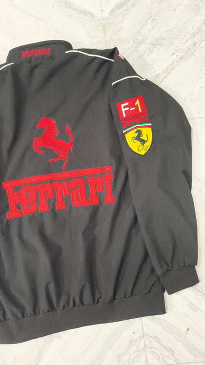 Black Ferrari F1 Vintage Racing Jacket – Lightweight Parachute Fabric Motorsports Jacket for Men & Women