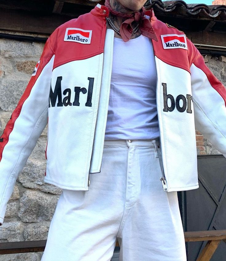 Person wearing a red and white jacket with Marlboro branding.