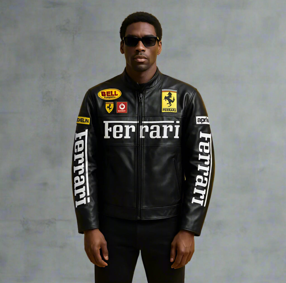 F1 Black Vintage Leather Embroidered Jacket – Men’s Classic Motorsport Racing Jacket
