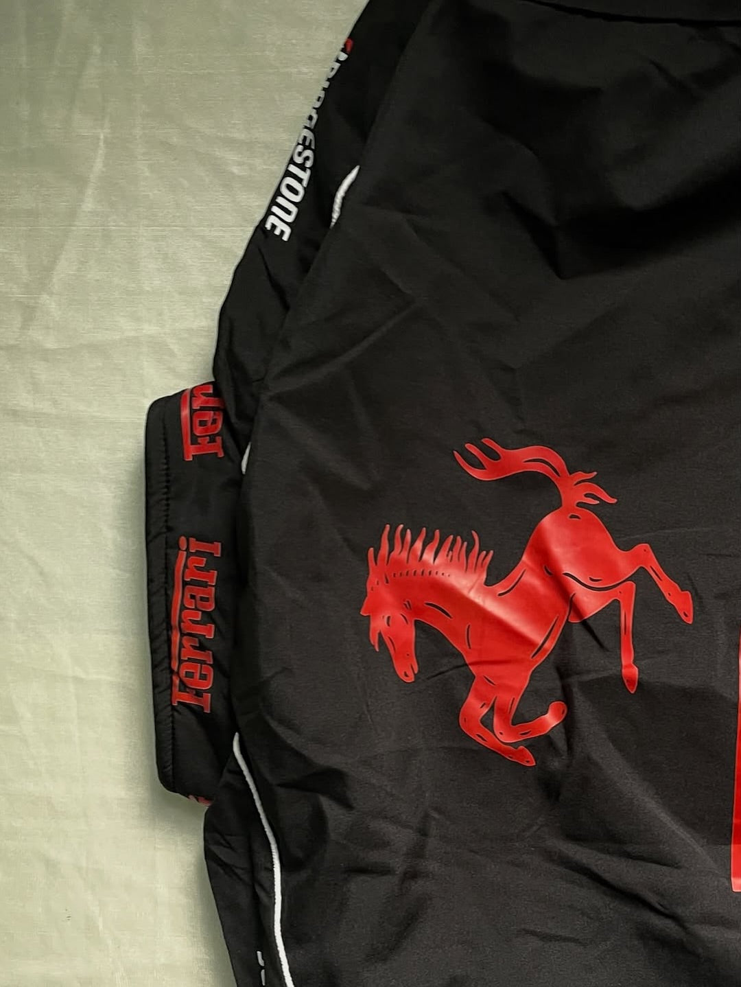 Black jacket with red horse logo and Ferrari branding on a light gray background