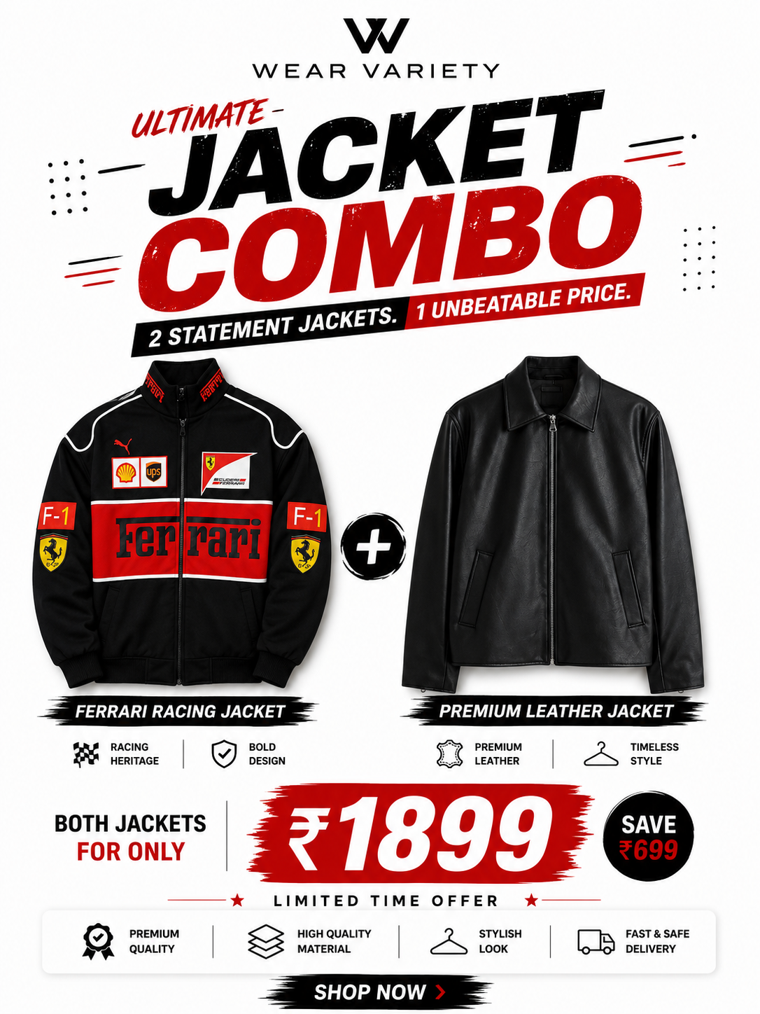 Black F1 & Black Leather Racing Jacket Combo | WearVariety