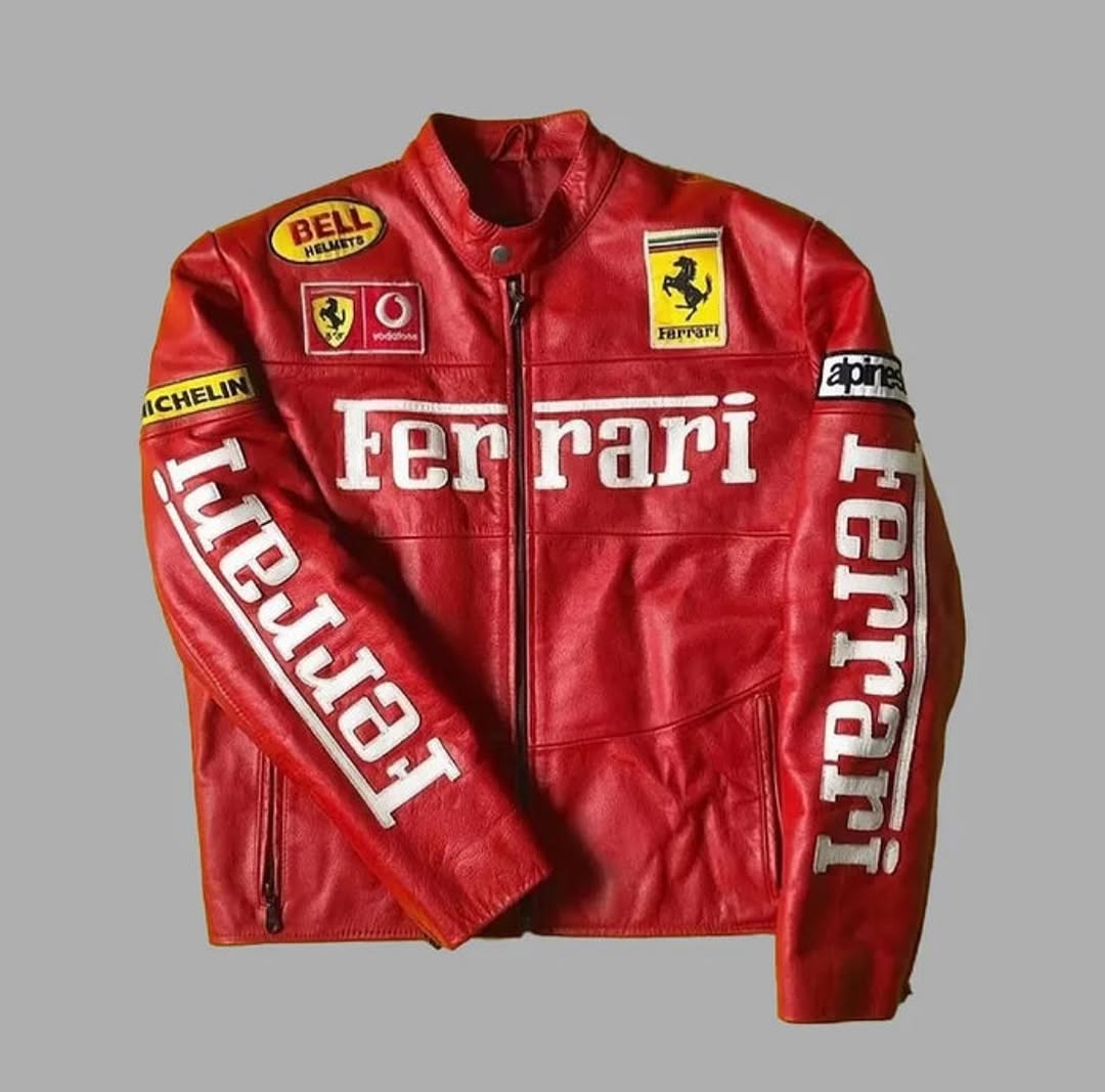 Red Leather Embroidered Ferrari Jacket | Premium F1 Racing Leather Jacket