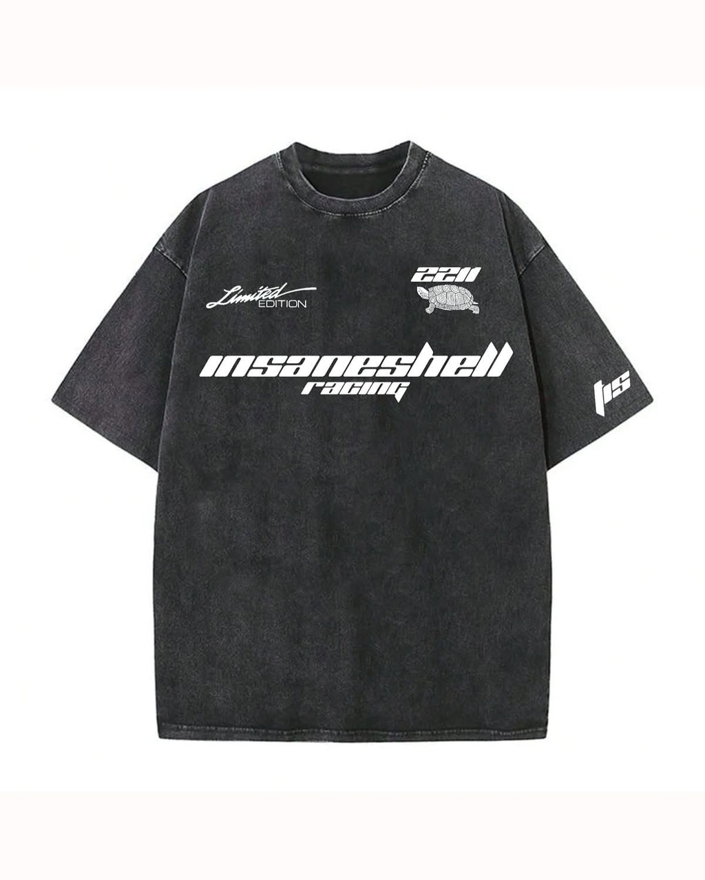Black t-shirt with white text and logos on a white background