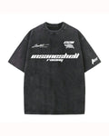 Black t-shirt with white text and logos on a white background