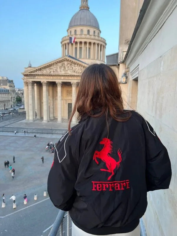 Black Ferrari Vintage Racing Embroidered Jacket – Premium F 1 Motorsport Outerwear