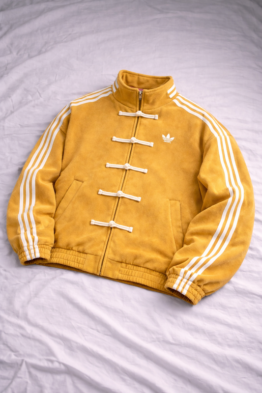 Yellow Adidas jacket with white stripes and buttons on a light gray background
