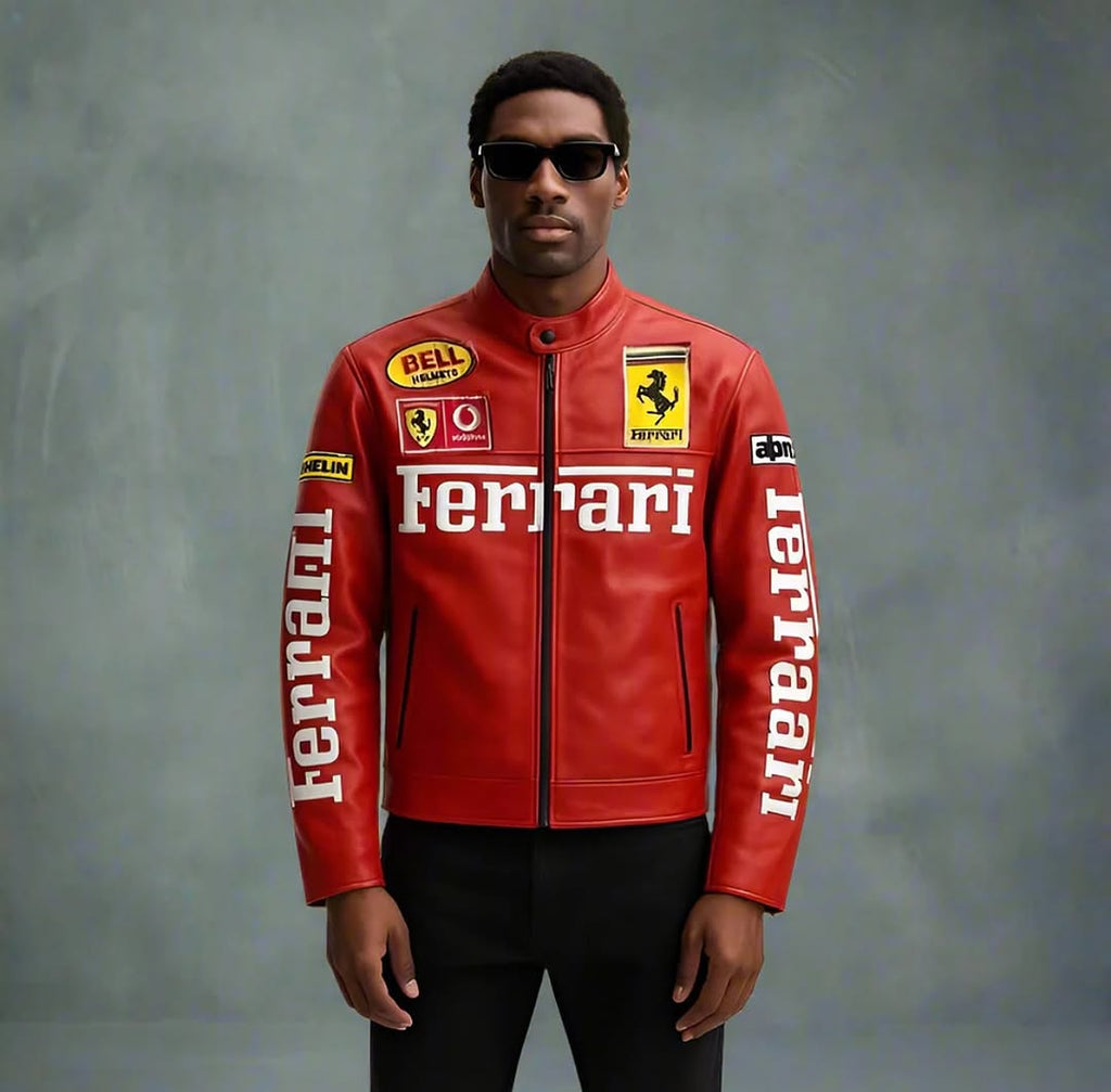 Red Leather Embroidered Ferrari Jacket | Premium F1 Racing Leather Jacket