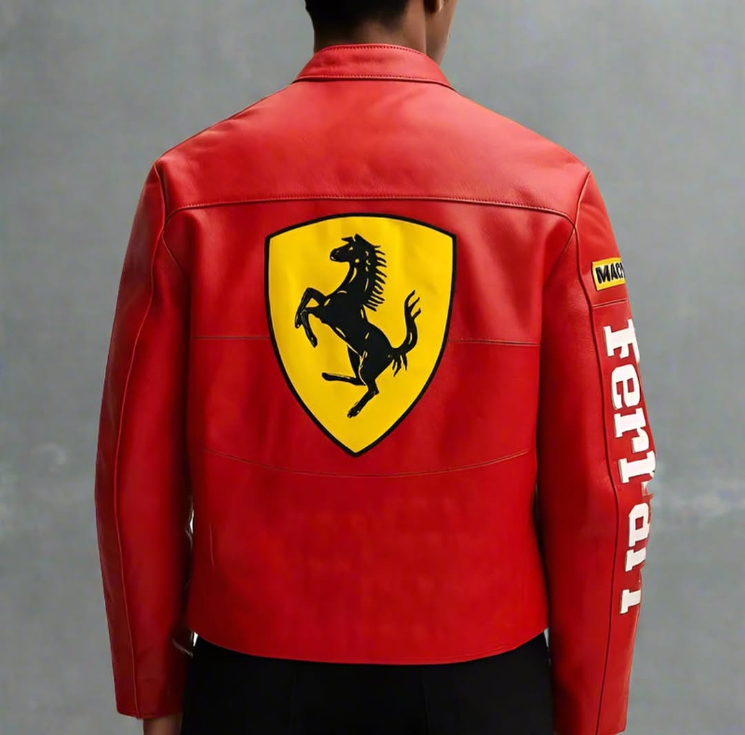 Red Leather Embroidered Ferrari Jacket | Premium F1 Racing Leather Jacket