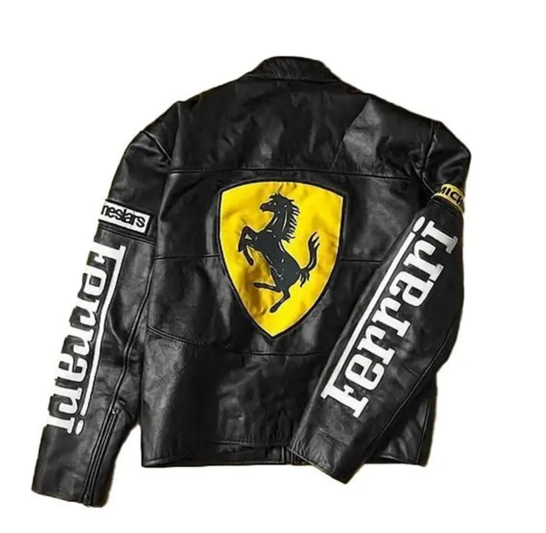 F1 Black Vintage Leather Embroidered Jacket – Men’s Classic Motorsport Racing Jacket