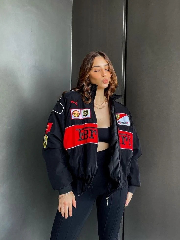 Black Ferrari Vintage Racing Embroidered Jacket – Premium F 1 Motorsport Outerwear