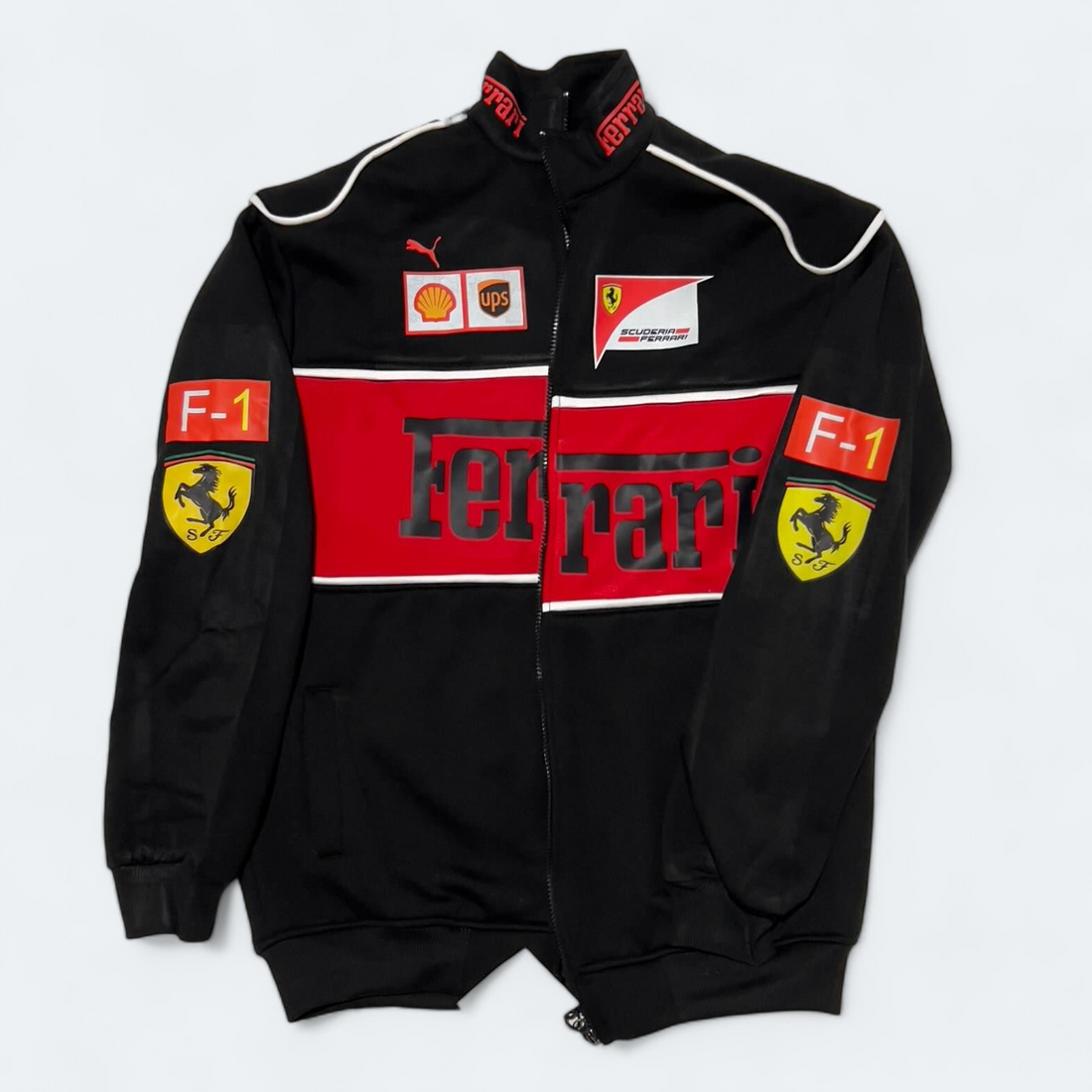 Black Ferrari F1 Vintage Racing Jacket – Lightweight Parachute Fabric Motorsports Jacket for Men & Women