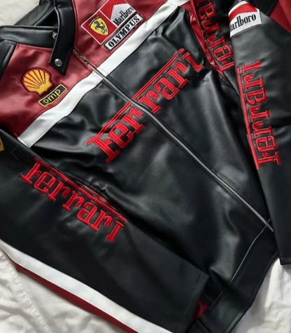 Black Ferrari F1 Leather Racing Jacket – Classic Motorsport Edition