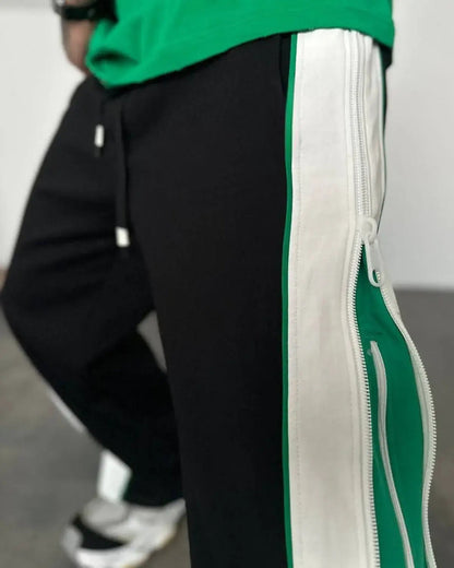 Double Zip Green Baggy Pants – Men’s Streetwear Joggers, Casual Loose-Fit Trousers