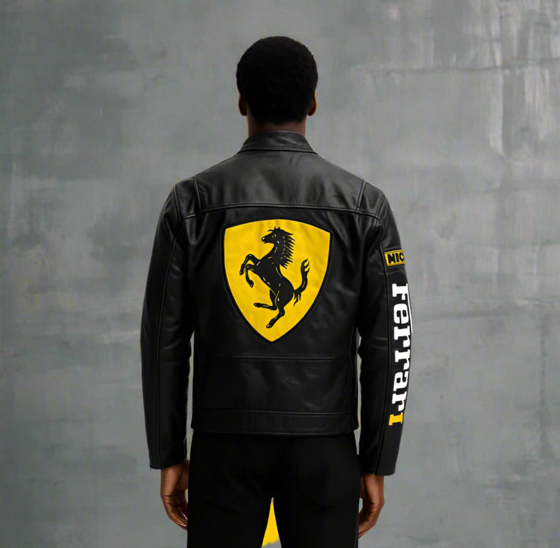 F1 Black Vintage Leather Embroidered Jacket – Men’s Classic Motorsport Racing Jacket
