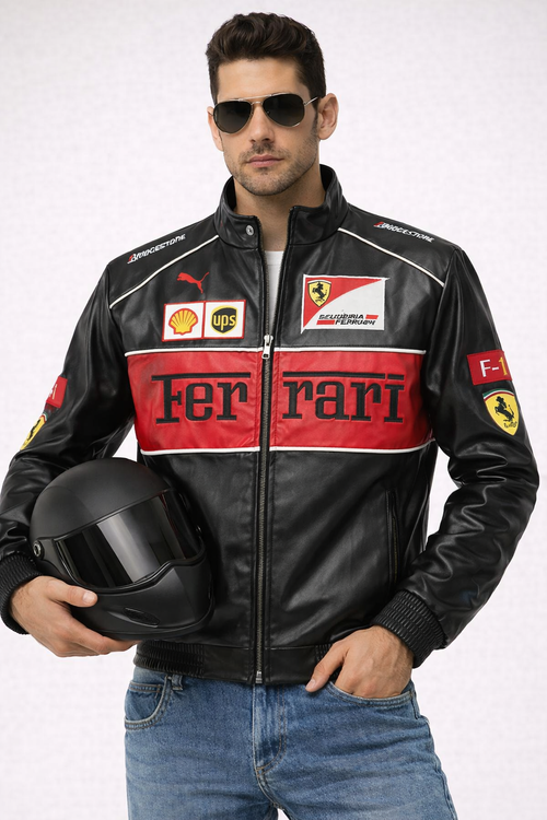 Man wearing a Ferrari leather jacket holding a helmet on a white background
