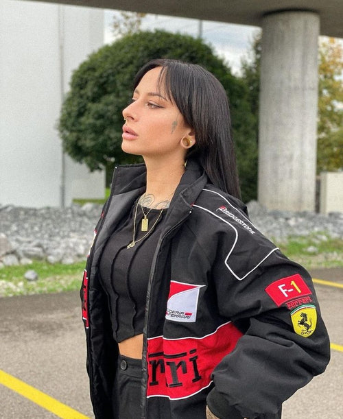 Black Ferrari Vintage Racing Embroidered Jacket – Premium F 1 Motorsport Outerwear