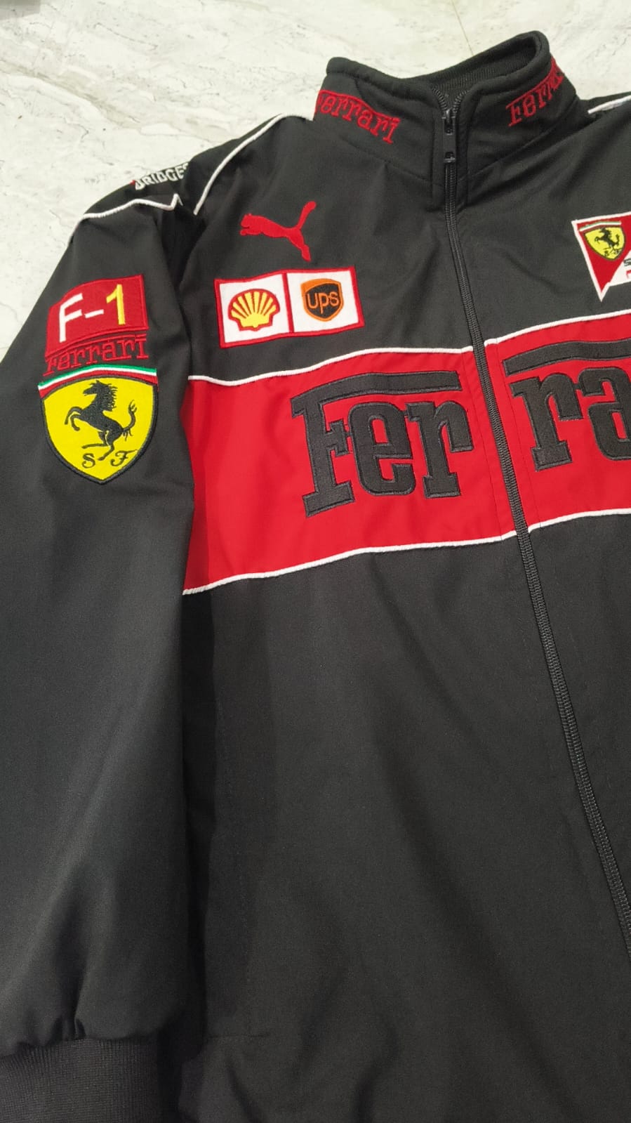 Black Ferrari Vintage Racing Embroidered Jacket – Premium F 1 Motorsport Outerwear